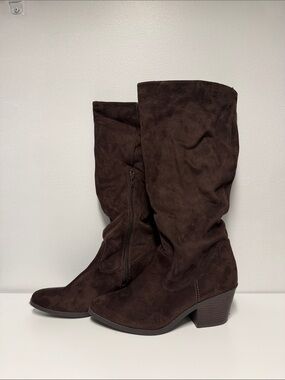 Jellypop Dark Brown Suede Slouchy Mid-Calf Heeled Boots